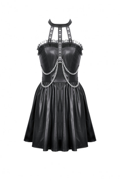 Black Halterneck Zippered Chain-Decorated Eyelet Women's Punk Faux Leather Dress