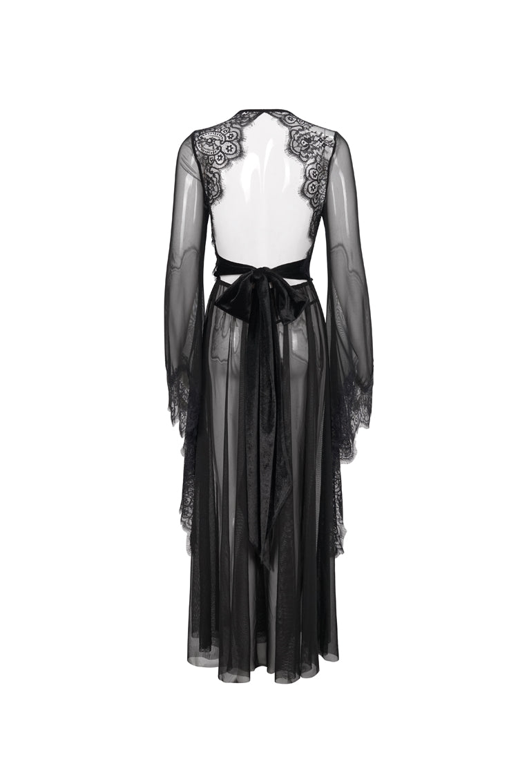 Black Perspective V-Neck Sexy Backless Lace Up Lace Flare Sleeve Women's Gothic Dress