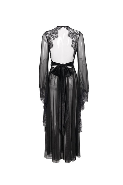 Black Perspective V-Neck Sexy Backless Lace Up Lace Flare Sleeve Women's Gothic Dress