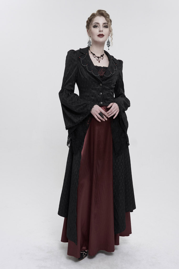 Black Jacquard Short Front Long Back Lapel Bead And Chain Trim Large Cuffs With Lace Trim Back Strap Thin Long Women's Gothic Coat