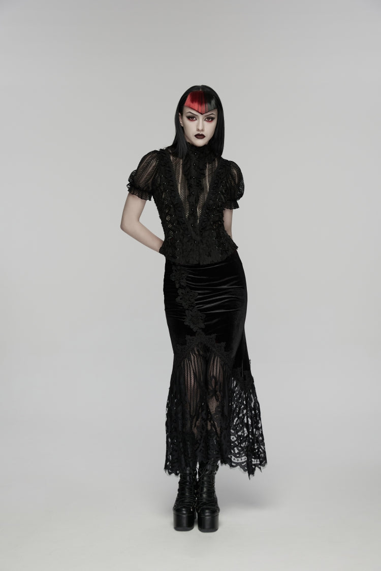 Black Embroidered Lace Slim Women's Gothic Fishtail Velvet Skirt