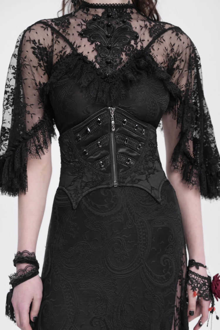 Black Batwing Beaded Lace-Up Zipper Women's Underbust Corset