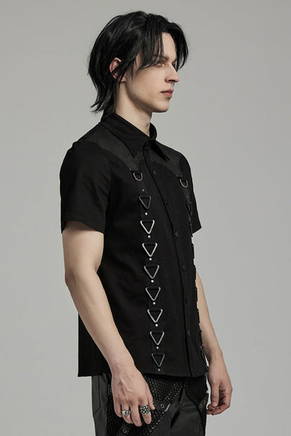 Black Lapel Collar Short Sleeves Stitching Men's Punk Blouse