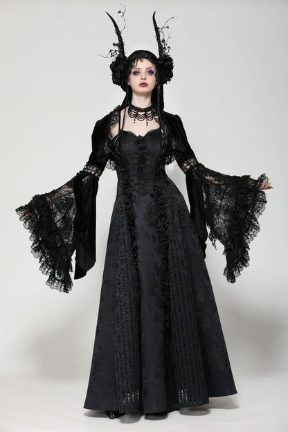 Black Long Puff Flared Sleeves Ruffled Lace Spliced Velvet Women's Gothic Cape