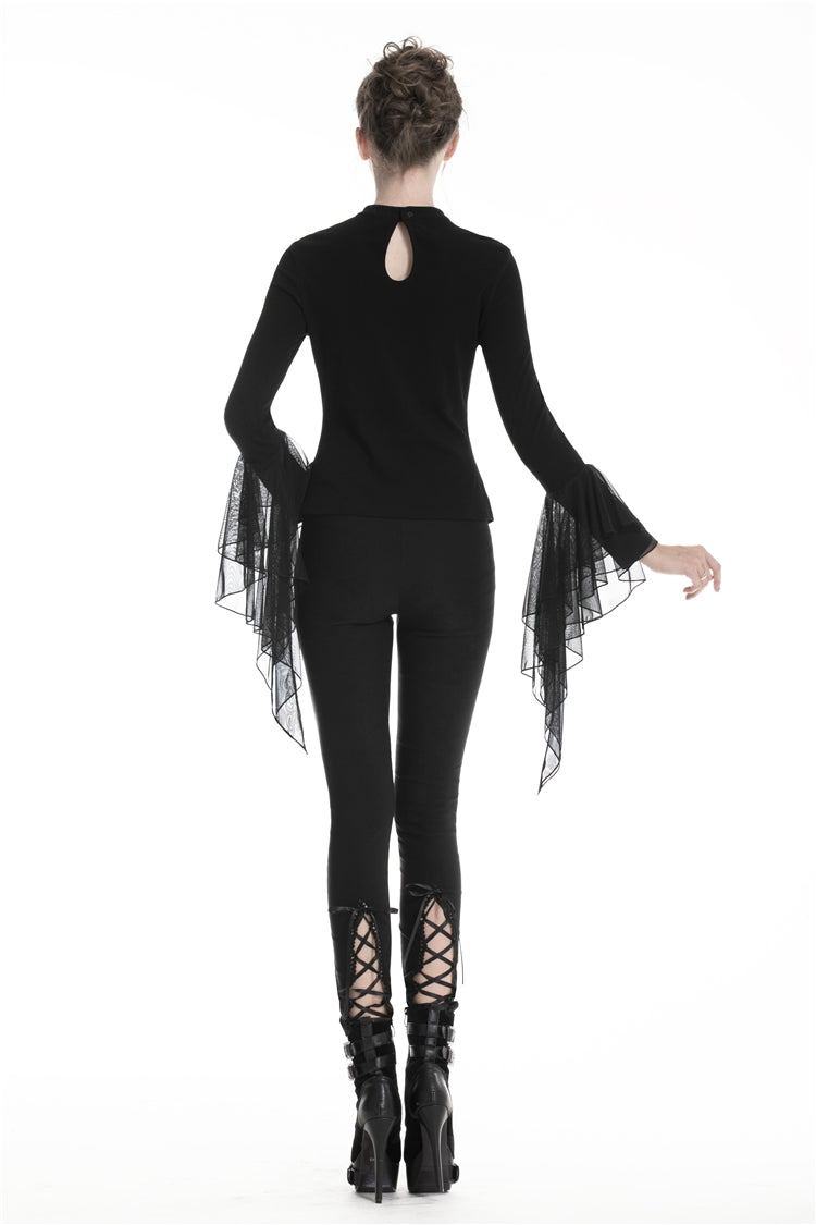 Black Floral Cut-Out Lace-Up Women's Gothic Leggings