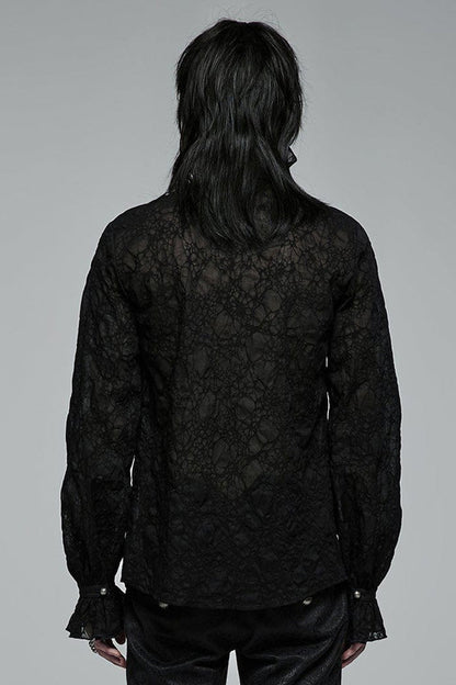 Black Gothic Long Sleeve Mesh Texture Fabric Lace Pleated Ruffle Tie Design Men's Shirt
