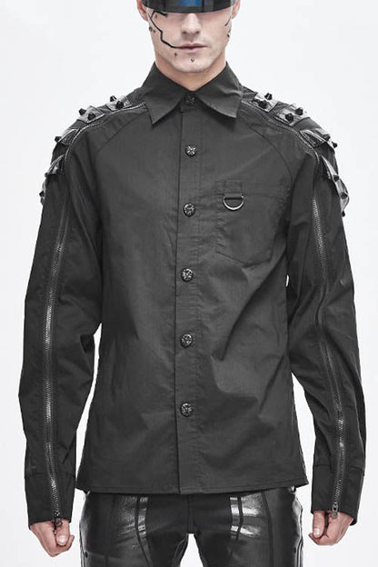 Black Long Sleeve Shoulder Zipper Mens Punk Blouse