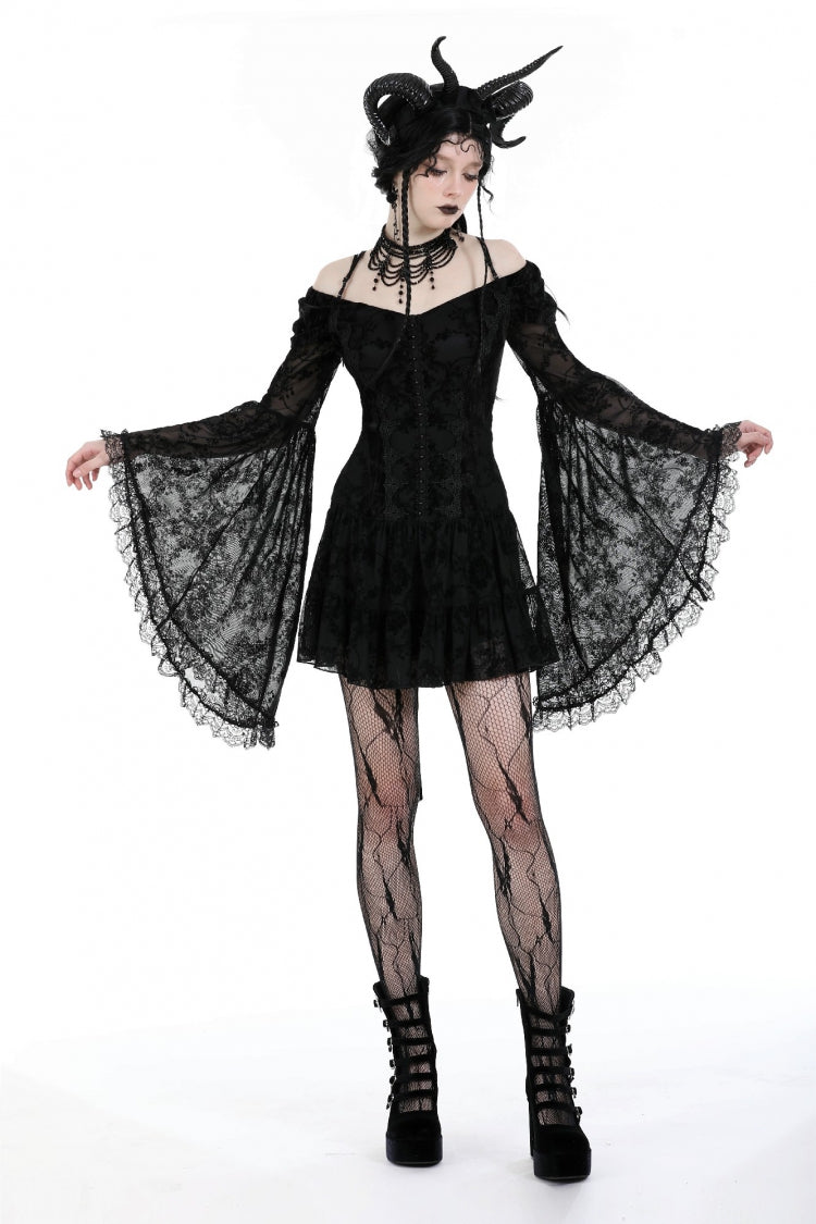 Black Off Shoulder Long Trumpet Sleeves Velvet Spliced Mesh Women's Gothic Graduation Dress