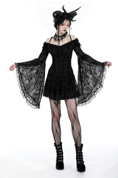 Black Off Shoulder Long Trumpet Sleeves Velvet Spliced Mesh Women's Gothic Graduation Dress