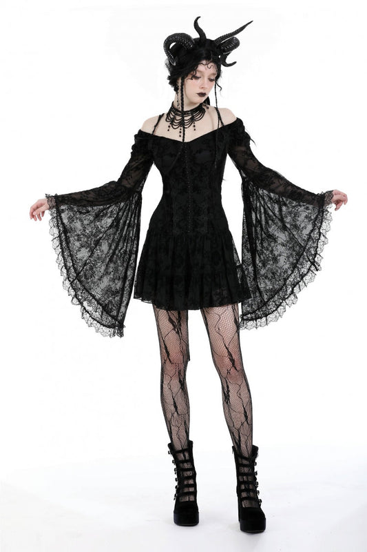 Black Off Shoulder Long Trumpet Sleeves Velvet Spliced Mesh Women's Gothic Graduation Dress