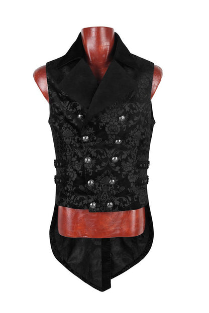 Black Double-Breasted Swallowtail Hem Print Mens Gothic Vest