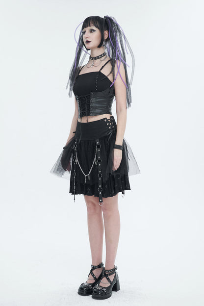 Black Cross Print Side Waist Straps Detachable Metal Chain Women's Punk Skirt