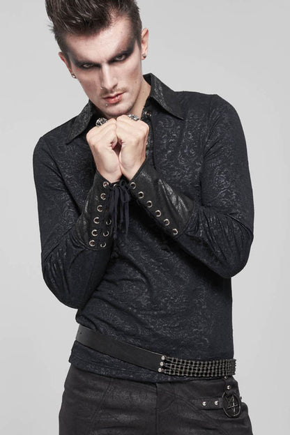 Black Gothic Pattern Decoration Tie Rope Design Knitted Elasticity Pullover Men's Shirt