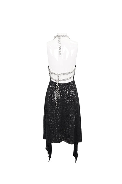 Black Irregular Pattern Wool Metal Chain Halter Neck Backless Women's Punk Dress