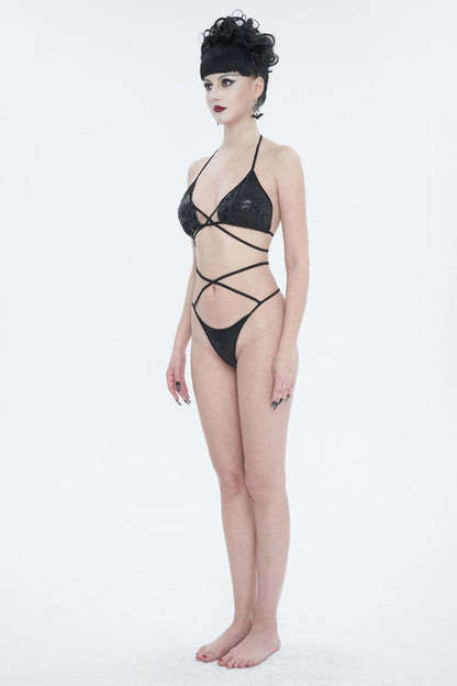 Black Pentagram Effect Print Sexy Strap Women's Gothic Swimsuit Set