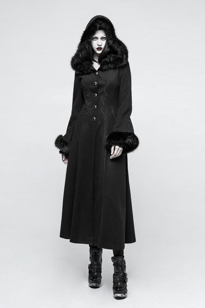 Black Hooded Print Womens Single-Breasted Long Maxi Gothic Coat