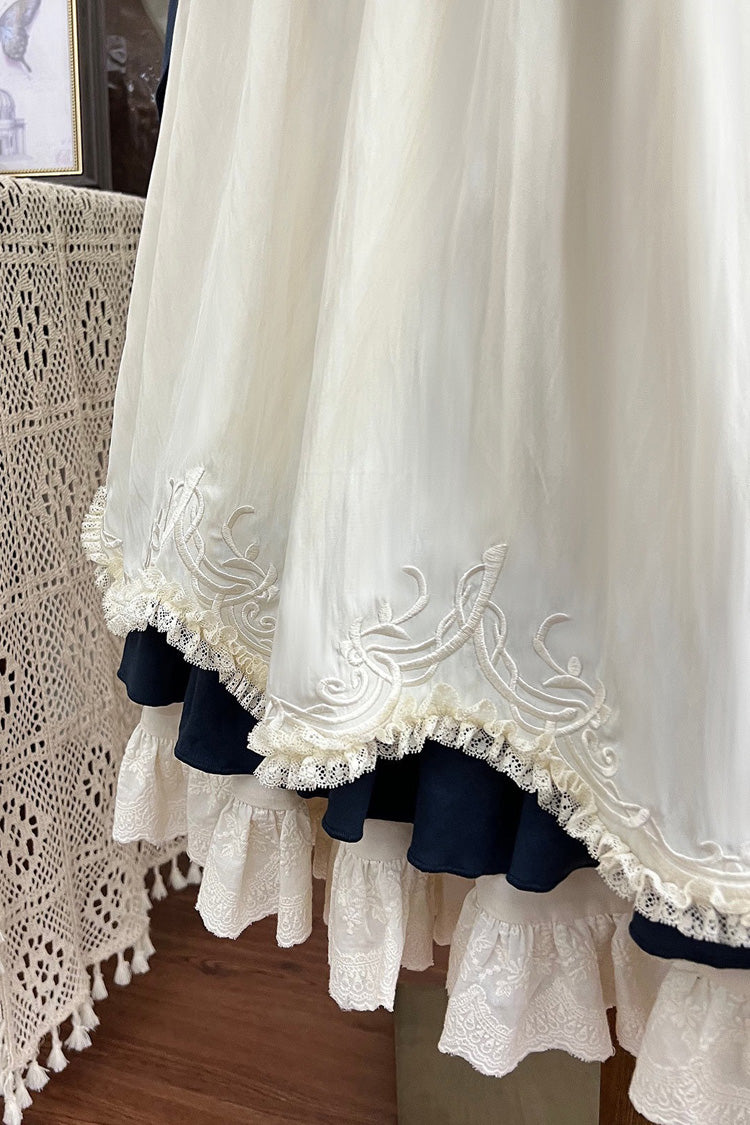Beige [Morning Mist Coast] Stand Collar Long Sleeves Ruffle Embroidery Vintage Elegant Lolita Skirt Dress Set