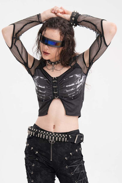 Black Long Sleeves Hollow Mesh Ripped Women's Punk Corset