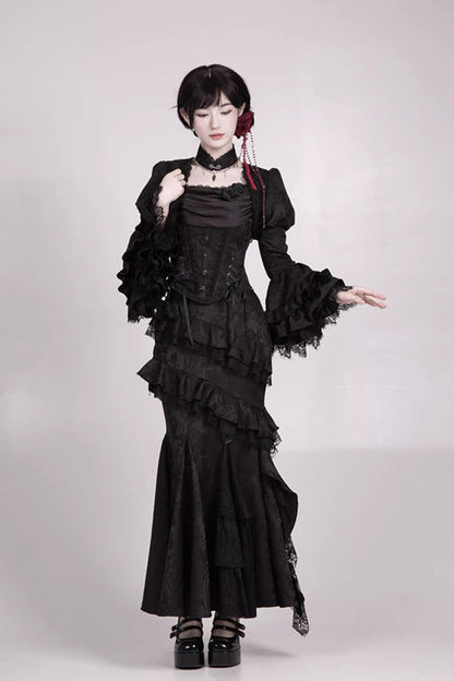 Black  [Letters & Poems · Twilight] Multi-Layered Jacquard Ruffled Witch Gothic Lolita Skirt 2 Versions