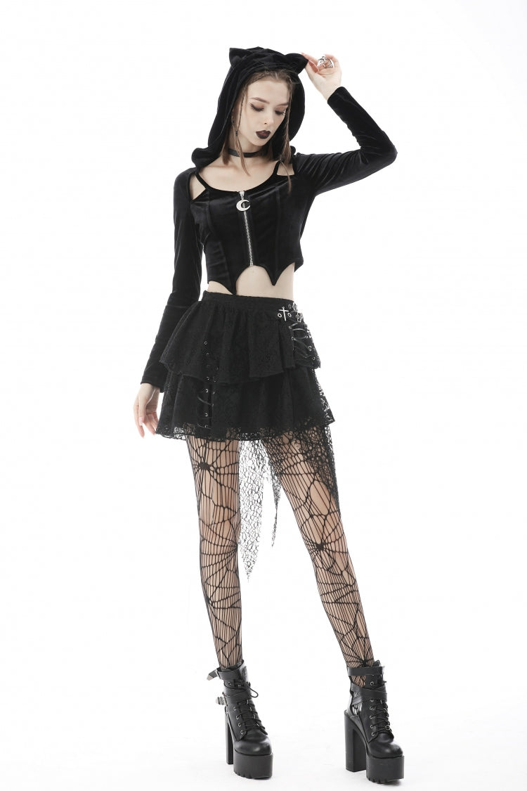 Black Long Sleeves Irregular Moon-shaped Zipper Women's Punk Crop Top with Cat's Ears Hood