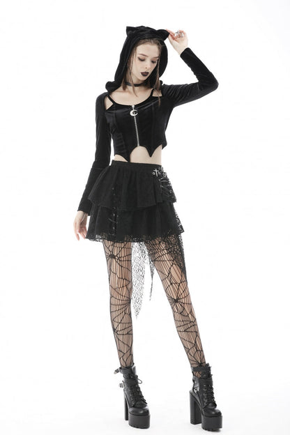 Black Long Sleeves Irregular Moon-shaped Zipper Women's Punk Crop Top with Cat's Ears Hood