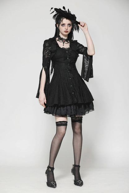 Black Long Trumpet Sleeves Embroidered Lace Lace-Up Women's Gothic Honeymoon Dress
