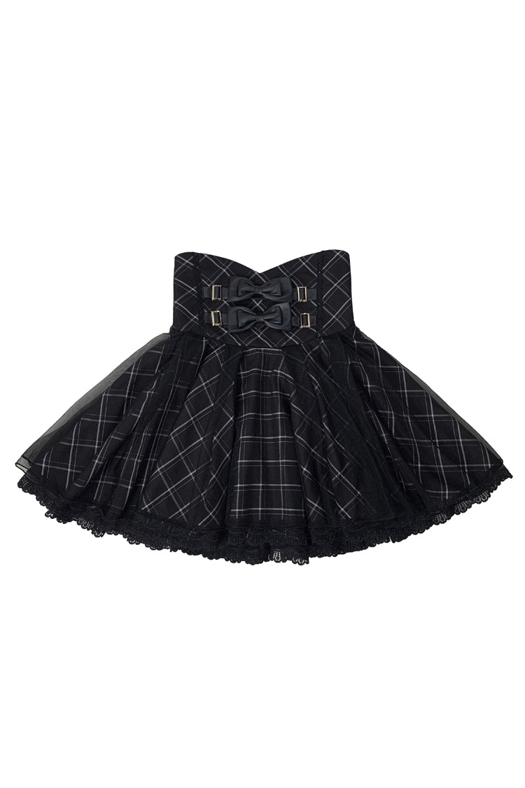 Black Plaid Print Bowknot Sweet Jirai Kei Japanese Skirt