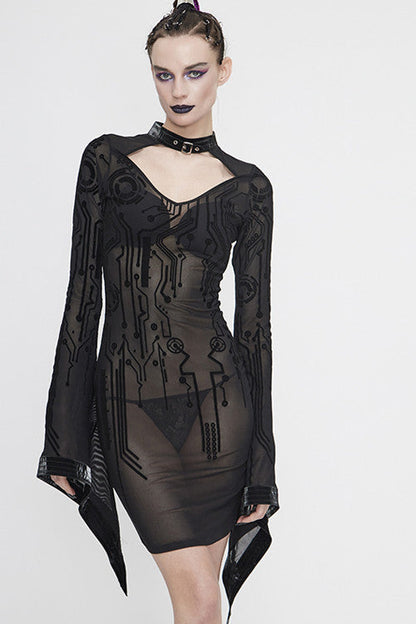Black Circuit Diagram Flocking Printed Flared Sleeve Womens Gothic Dress
