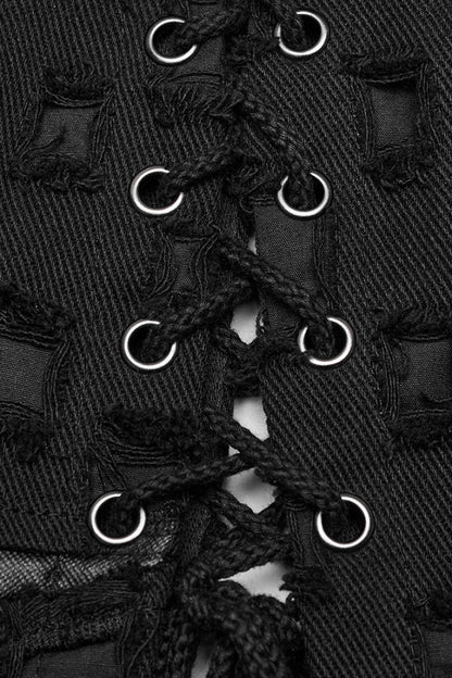 Black Hollow Cross-Taped Stitching Lace-Up Ripped Women's Steampunk Skirt