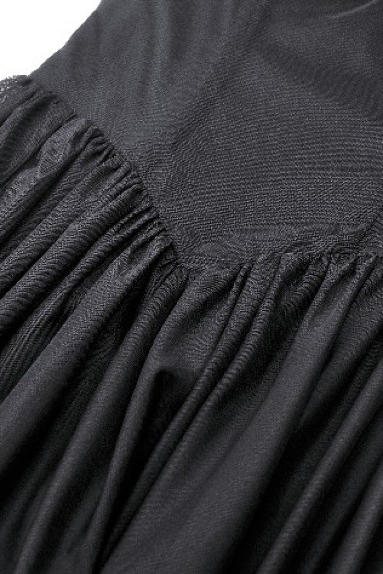 Black Off Shoulder Boat Neck Multi-Layered Long Trumpet Sleeves Lace Spliced Tulle Lace-Up Women's Gothic Fantasy Dress