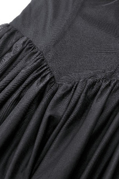 Black Off Shoulder Boat Neck Multi-Layered Long Trumpet Sleeves Lace Spliced Tulle Lace-Up Women's Gothic Fantasy Dress