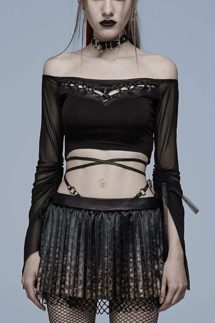 Black Gothic Elasticity Cotton Hollow Buttonhole Strap Design Slash Neck Women's T-Shirt
