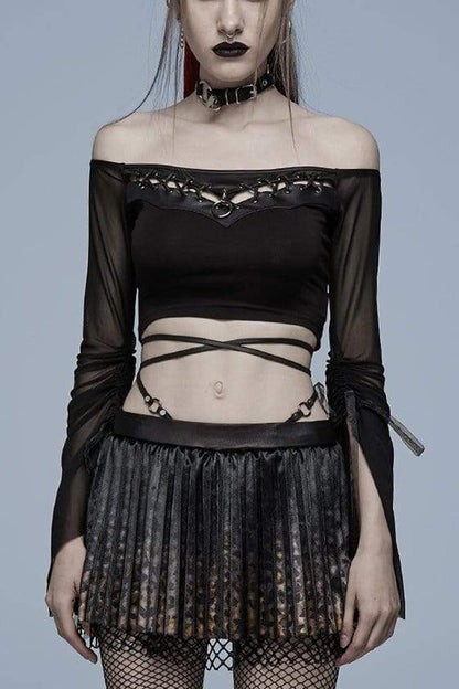 Black Gothic Elasticity Cotton Hollow Buttonhole Strap Design Slash Neck Women's T-Shirt