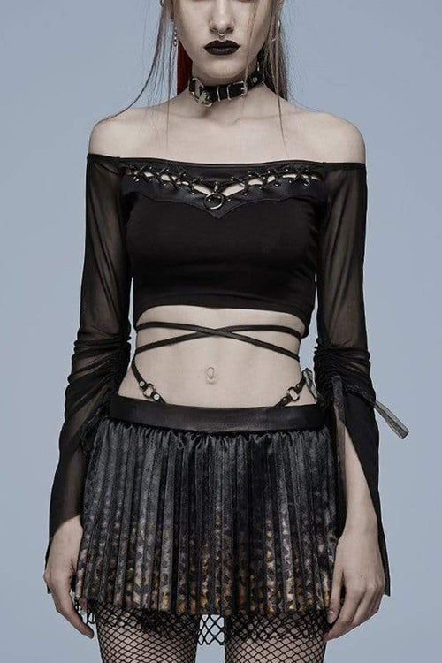 Black Gothic Elasticity Cotton Hollow Buttonhole Strap Design Slash Neck Women's T-Shirt