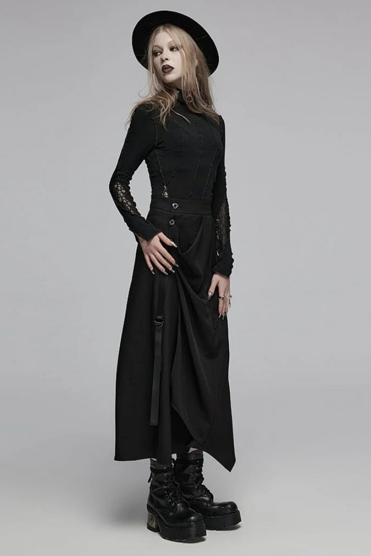 Black Irregular Ruched Women's Gothic Skirt