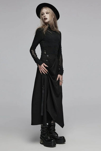 Black Irregular Ruched Women's Gothic Skirt