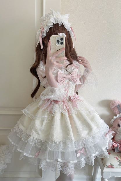 Apricot [Fleishi Island] Sleeveless Ruffle Bowknot Lace Slim Sweet Ballet Lolita Jsk Dress