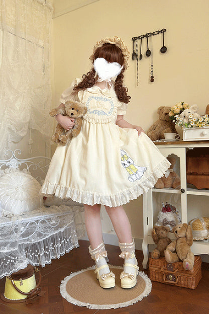 Apricot [Sweet Dream Bunny] Doll Collar Short Sleeves Ruffle Embroidery Bowknot Sweet Plus Size Lolita Dress