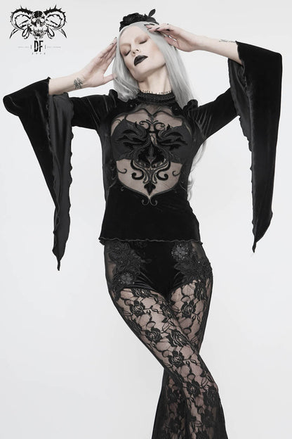 Black High Collar Front Chest Splice Mesh Embroidered Flare Sleeve Women's Gothic T-Shirt