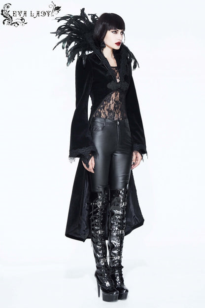 Black Feathered Collar Long Sleeves Bowknot Women's Gothic Tailcoat