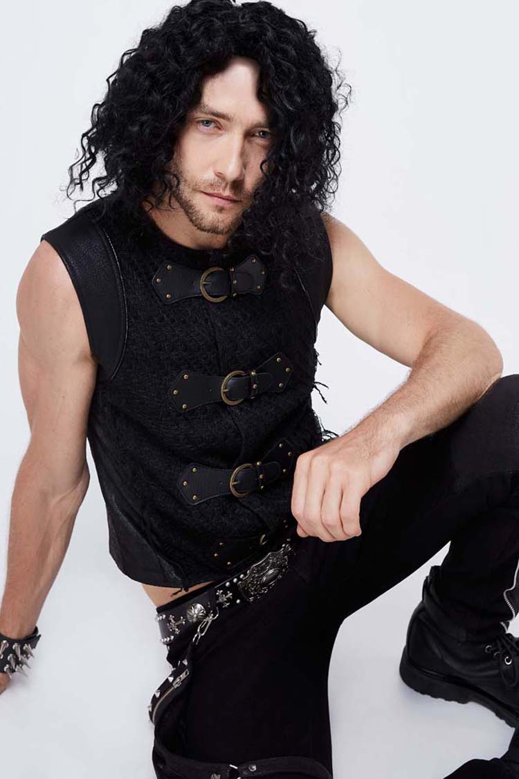 Black Coarse Texture Woolen Patchwork Heat Seal Backing Leather Loop Rough Selvage Men's Punk Waistcoat