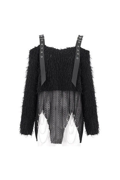 Black Irregular Off Shoulder Fluffy Women's Punk Sweater