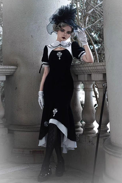 Black Nun Style Prayer for the Dead Stitching Lace Sheer Gothic Lolita Dress Two-piece Set