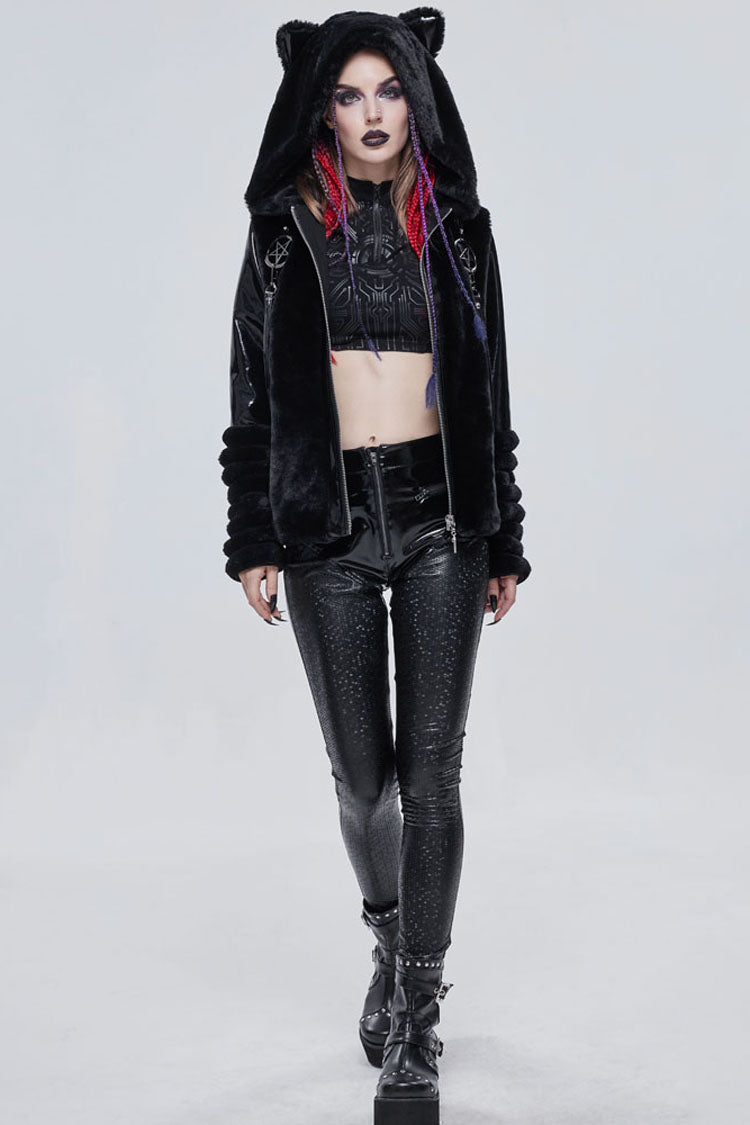 Black Gothic Hexagon Pattern Irregular Star Reflection Shiny Elasticity Leather Women's Leggings