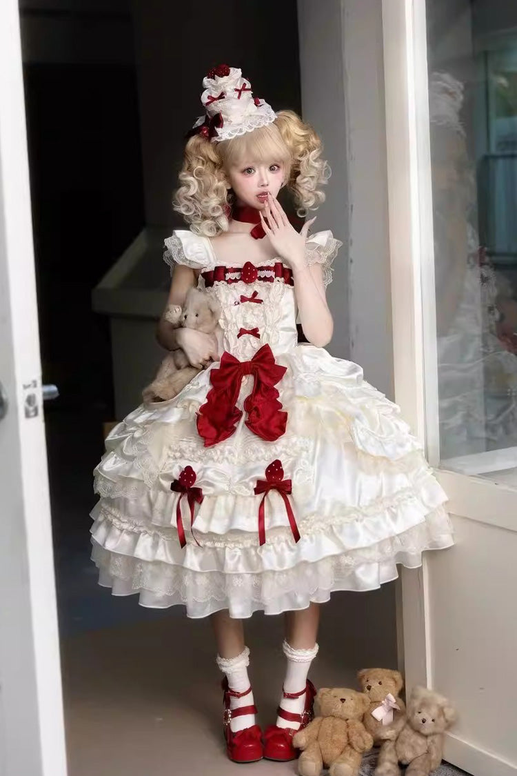 Apricot [Berry Endless] Square Collar Sleeveless Multi-Layered Ruffled Embroidered Bow Lace Sweet Lolita Jsk Dress