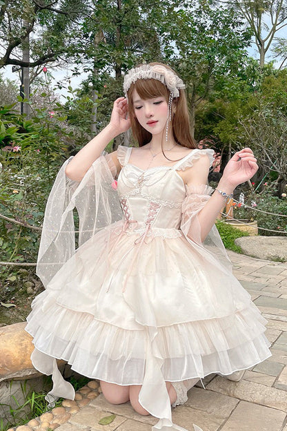 Apricot The Moon Goddess's Song Multi-layer Ruffle Lace-Up Sweet Elegant Lolita Jsk Dress
