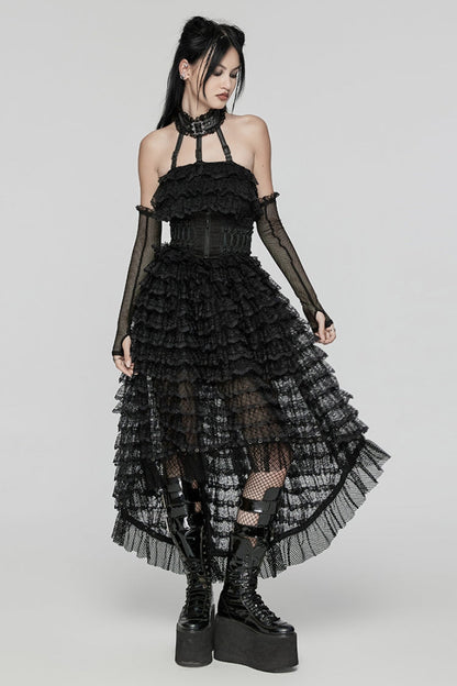 Black Halterneck Long Sleeves Ruffle Lace Women's Punk Dress