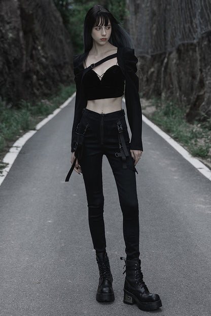 Black Functional Tooling Style Pocket Belt Trim V-Shaped Split Zipper Women's Punk Trousers