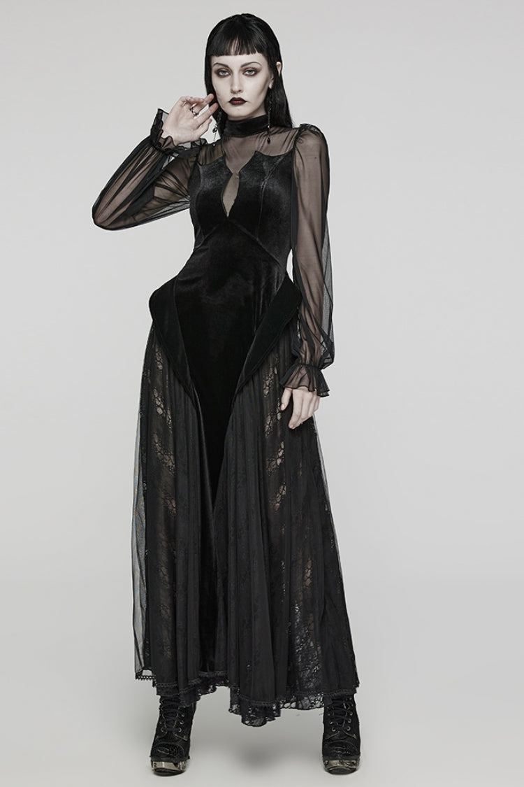 Black Long Sleeves Ruffle Lace Lace-Up Mesh Women's Gothic Dress