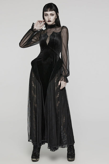 Black Long Sleeves Ruffle Lace Lace-Up Mesh Women's Gothic Dress
